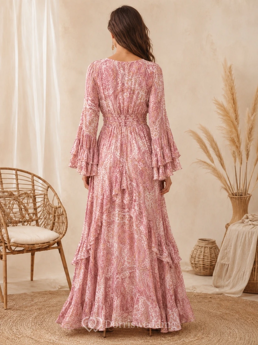 Rosa Maxikleid im Boho-Stil mit Blumenmuster, V-Ausschnitt und Poetenärmeln view 2
