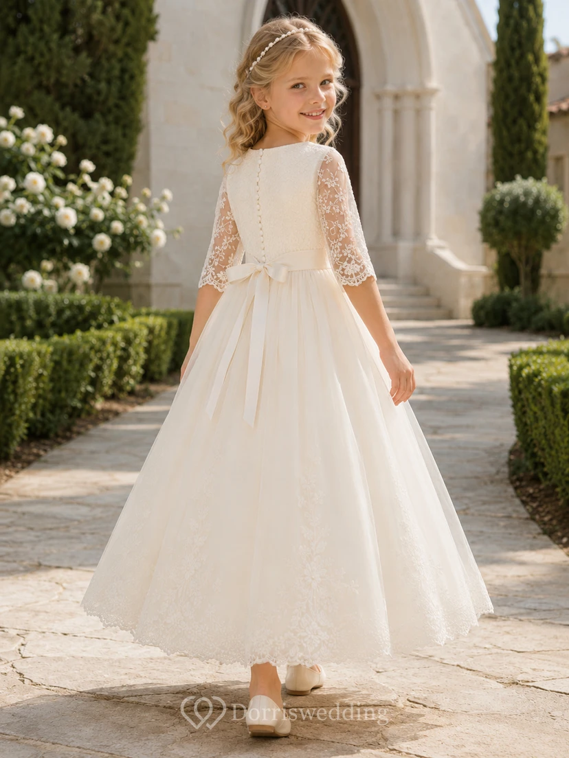 Vestido de comunión de encaje de tres cuartos con escote ilusión color marfil para niña de las flores view 2