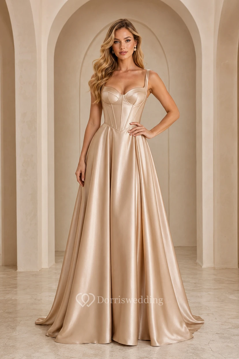 Abendkleid aus champagnerfarbenem Satin, A-Linie, Spaghettiträger, bodenlang