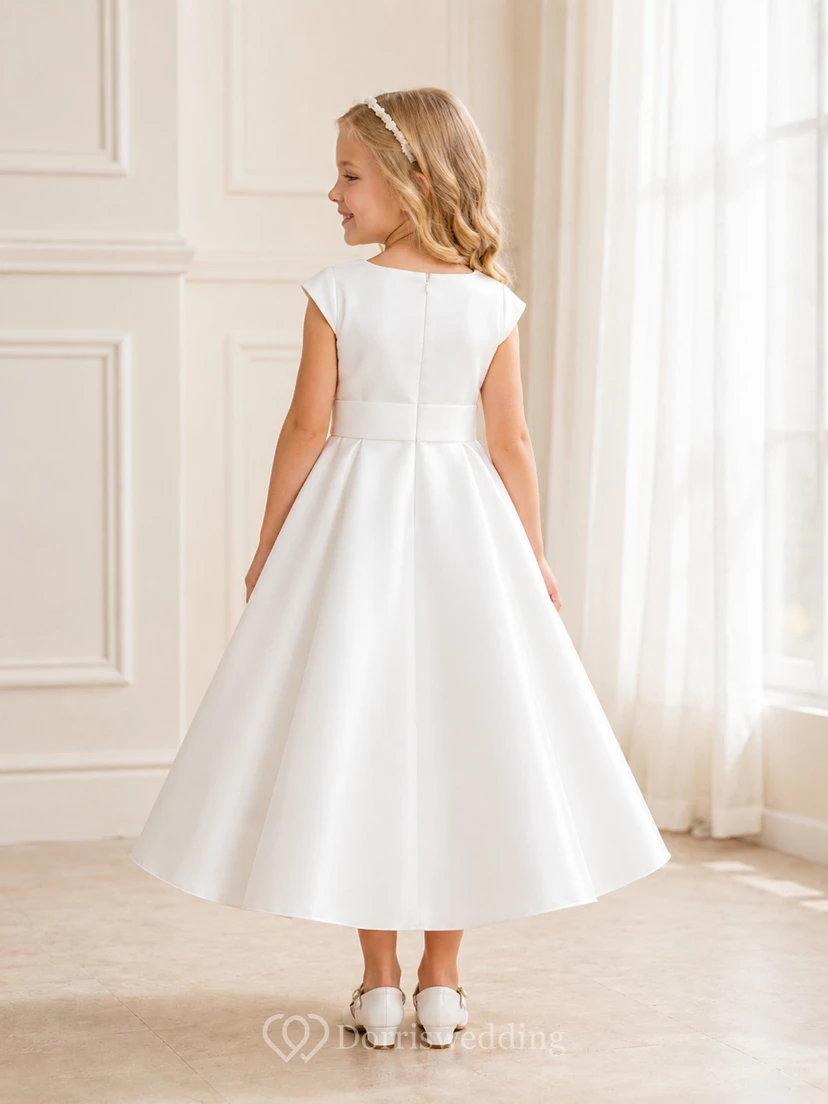 Flower Girl Dress Ivory Satin A-Line Jewel Neck Tea Length Bow Detail view 2