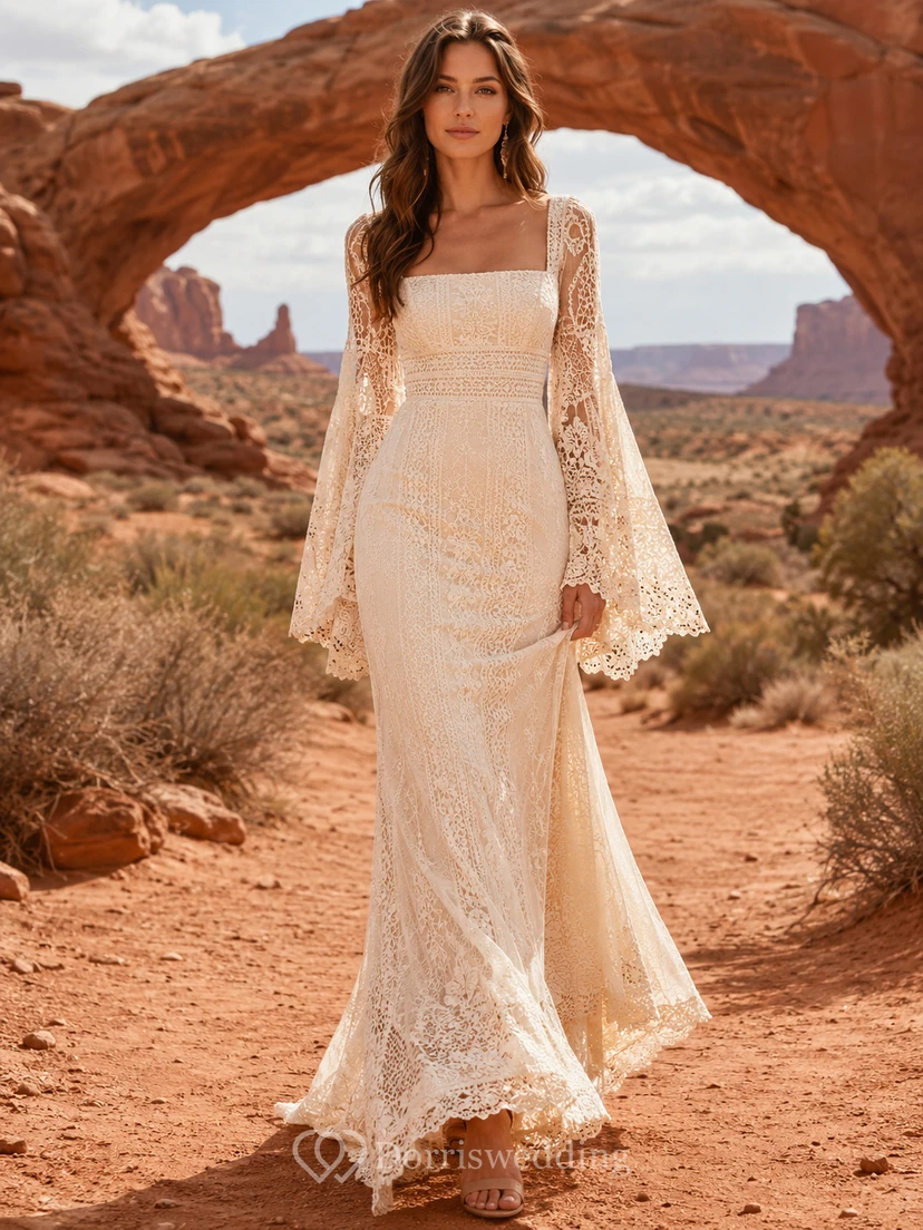 Wüsten-Boho-Spitzenkleid mit eckigem Ausschnitt und Glockenärmeln