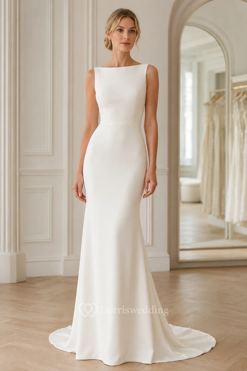 Robe de mariée fourreau à encolure bateau, corsage sans manches et traîne courte