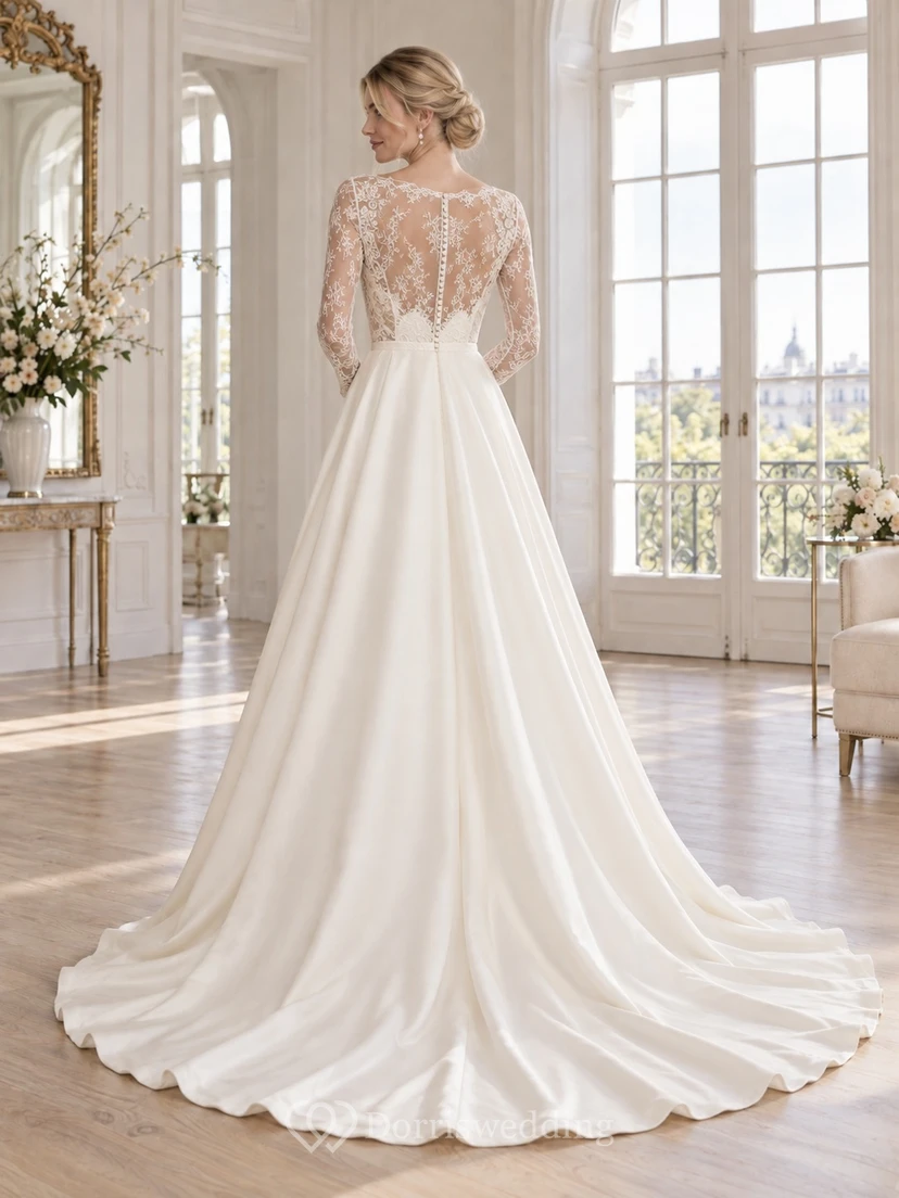 Brautkleid aus Satin mit hohem Kragen, langen Spitzenärmeln und A-Linien-Schnitt view 2