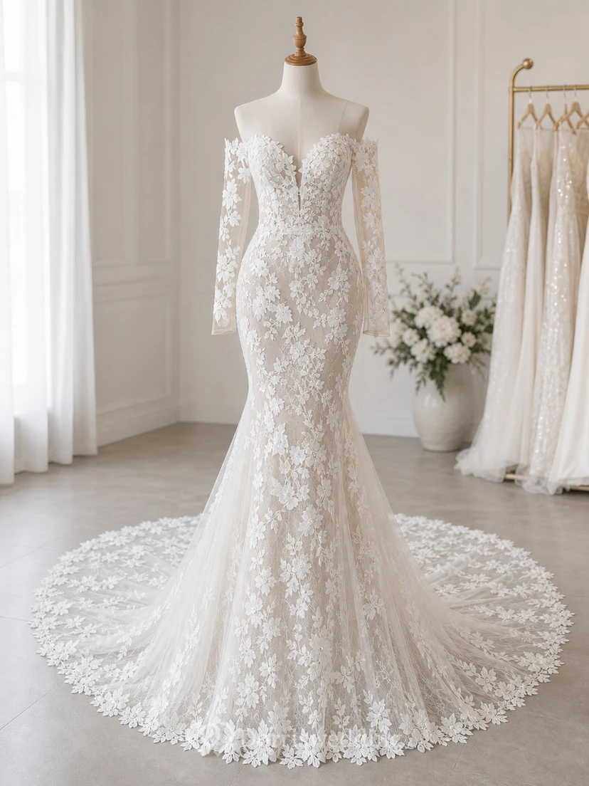 Vestido de novia elegante de encaje estilo sirena con mangas largas, escote de hombros descubiertos y efecto ilusión. view 7