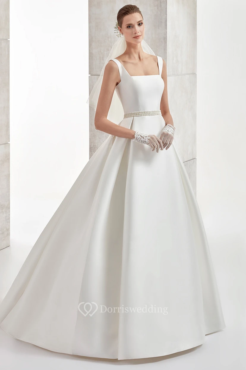 Square-Neck A-Line Satin Wedding Dress With Beaded Belt And Brush Train