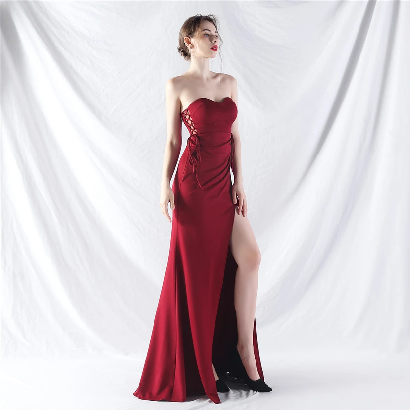 Vestido de noche de satén con cintura y orejas fijas, nueva tendencia, con dos métodos de atado de cuerda. view 4