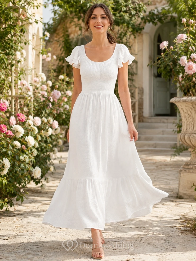 Bohemian White Chiffon A-Line Floor-Length Scoop Neck Petal Sleeve Garden Dress