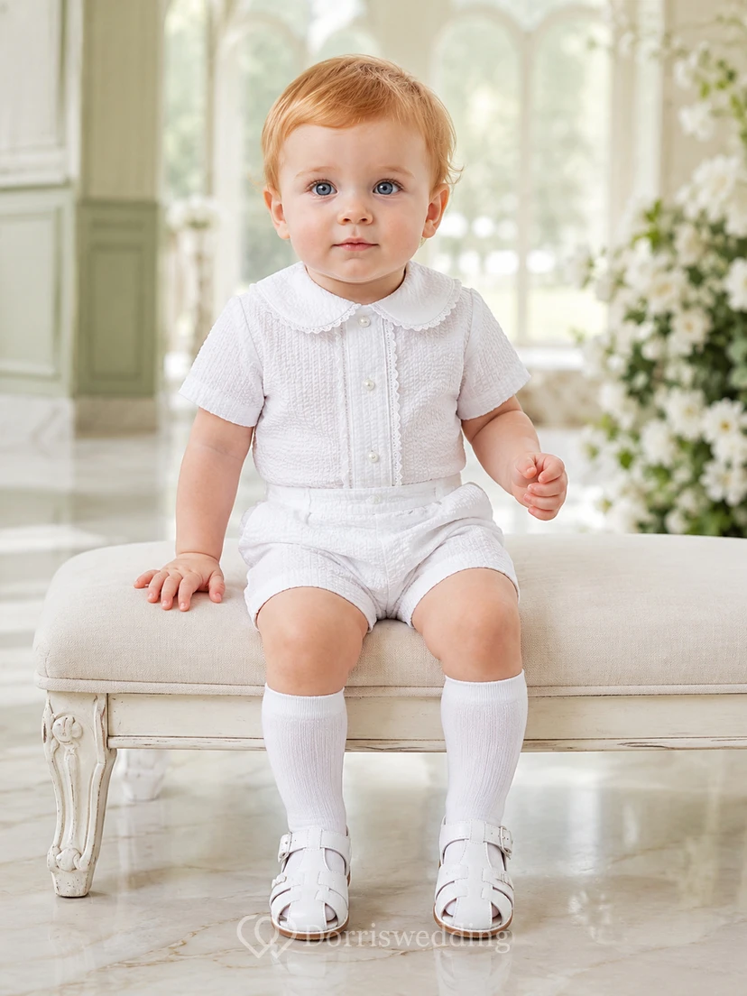 Conjunto de bautizo de dos piezas para bebé niño, con cuello Peter y mangas cortas, de encaje blanco.