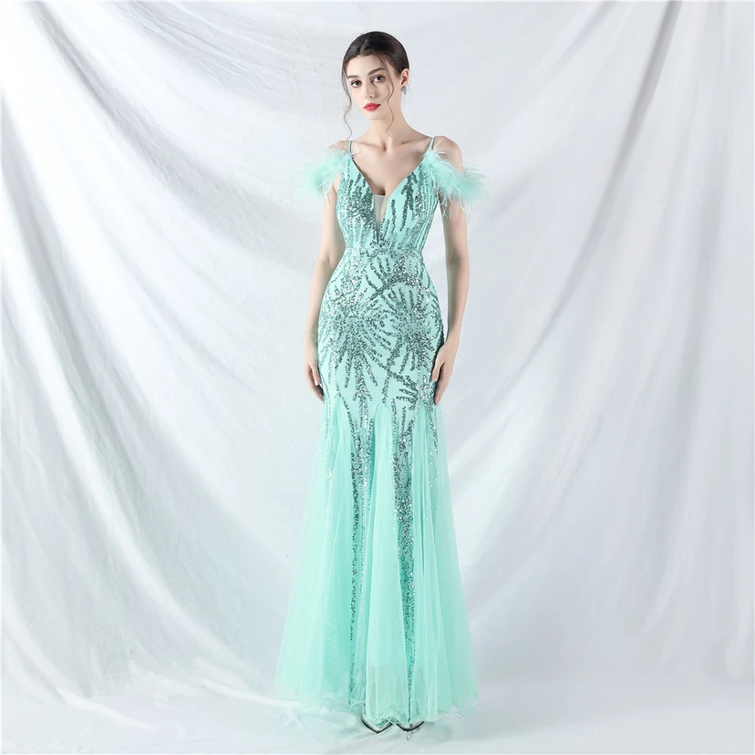 9-farbiges, handgefertigtes Abendkleid aus Kamelfedern, Netzstoff und Pailletten, sexy Trägern view 72