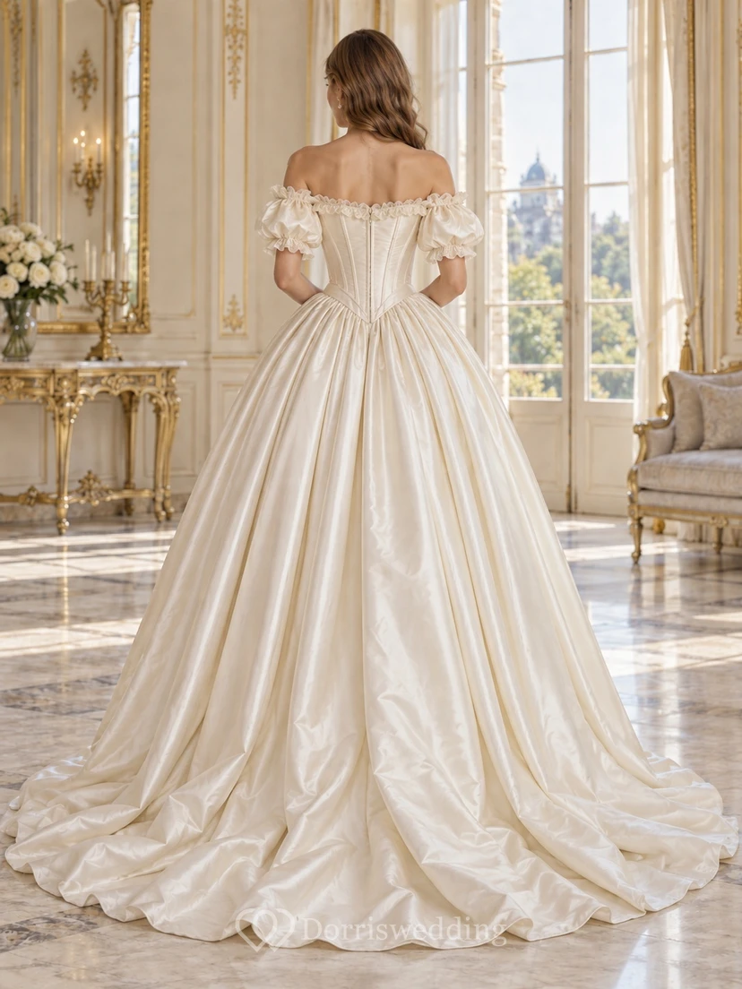 Victorian Off Shoulder Satin Corset Puff Sleeve Full Wedding Dress view 2