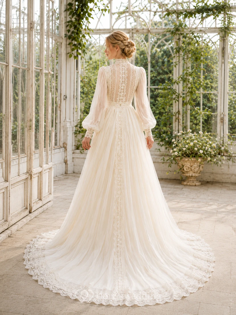Boho Lace Tulle Wedding Dress A-Line High Neck Long Sleeve Sweep Train Bridal Gown view 2