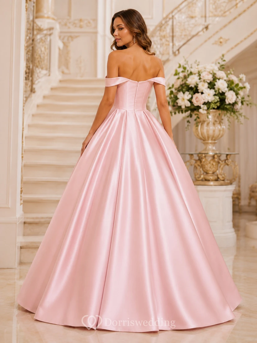 Blushing Pink Simple Off Shoulder Sweetheart Satin Princess Sweet Sixteen Formal Ball Gown view 2