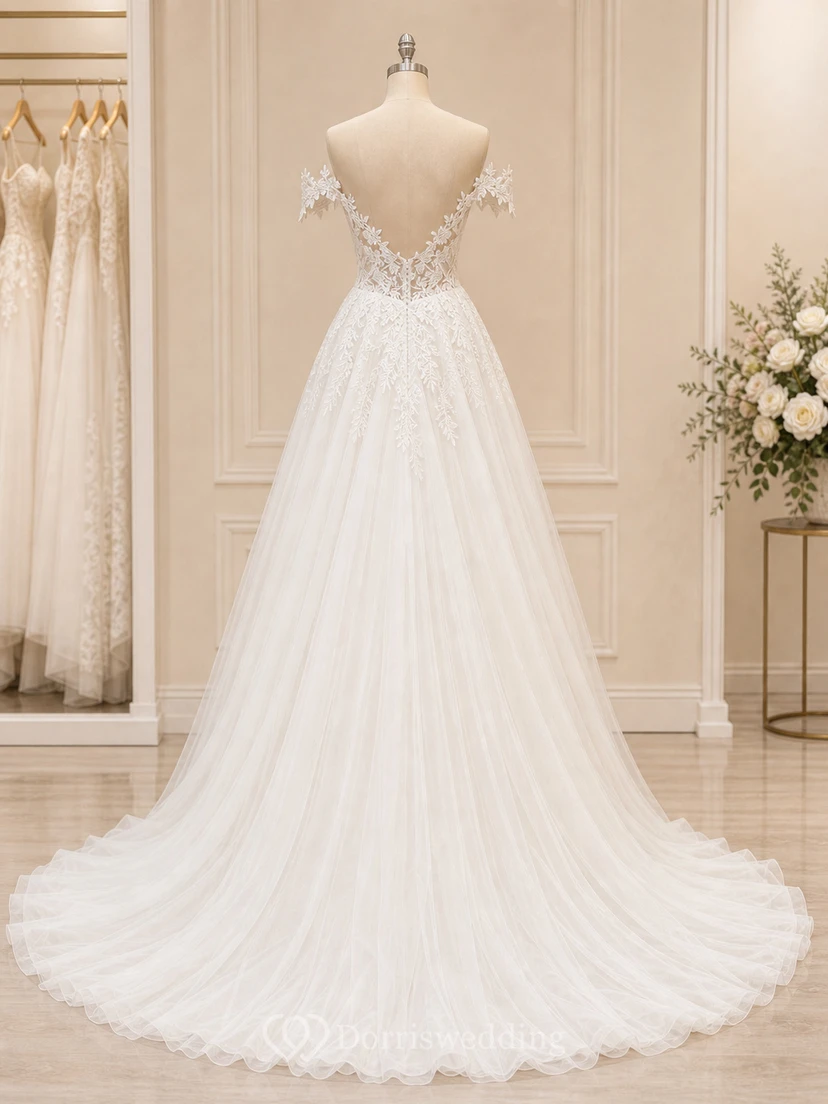 Robe de mariée champêtre en tulle à épaules dénudées et fente haute en dentelle view 10
