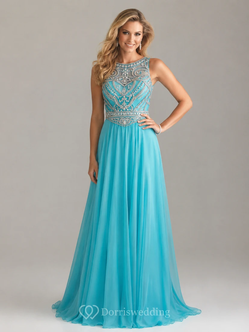 Vestido largo de gasa sin mangas con escote joya estilo sirena