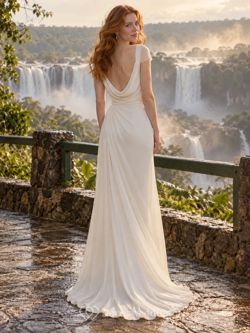 Schlichtes Brautkleid aus Crêpe mit Wasserfallausschnitt, kurzen Ärmeln und drapiertem Etuirock view 2