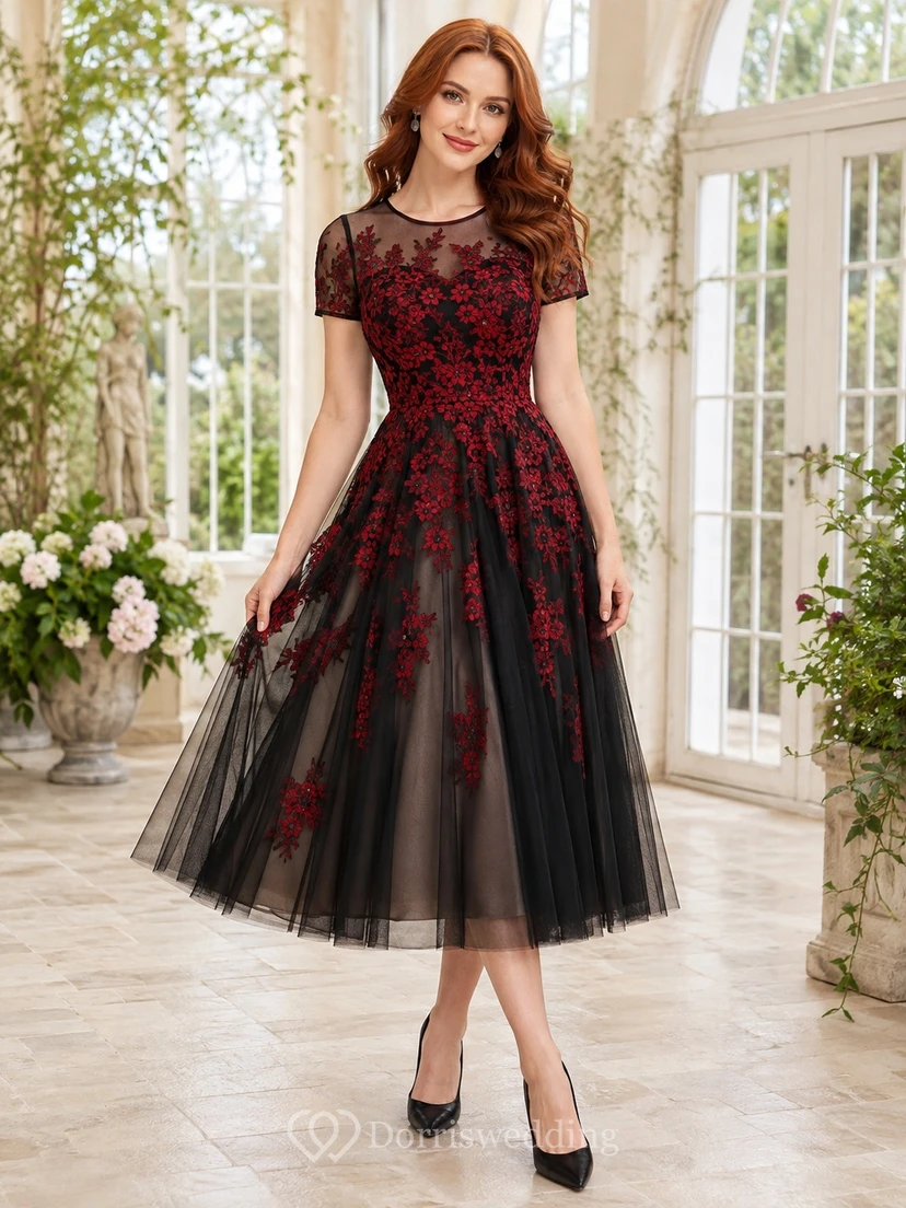 Black Red Floral Lace Short Sleeve Tea-length A-Line Romantic Cocktail Dress