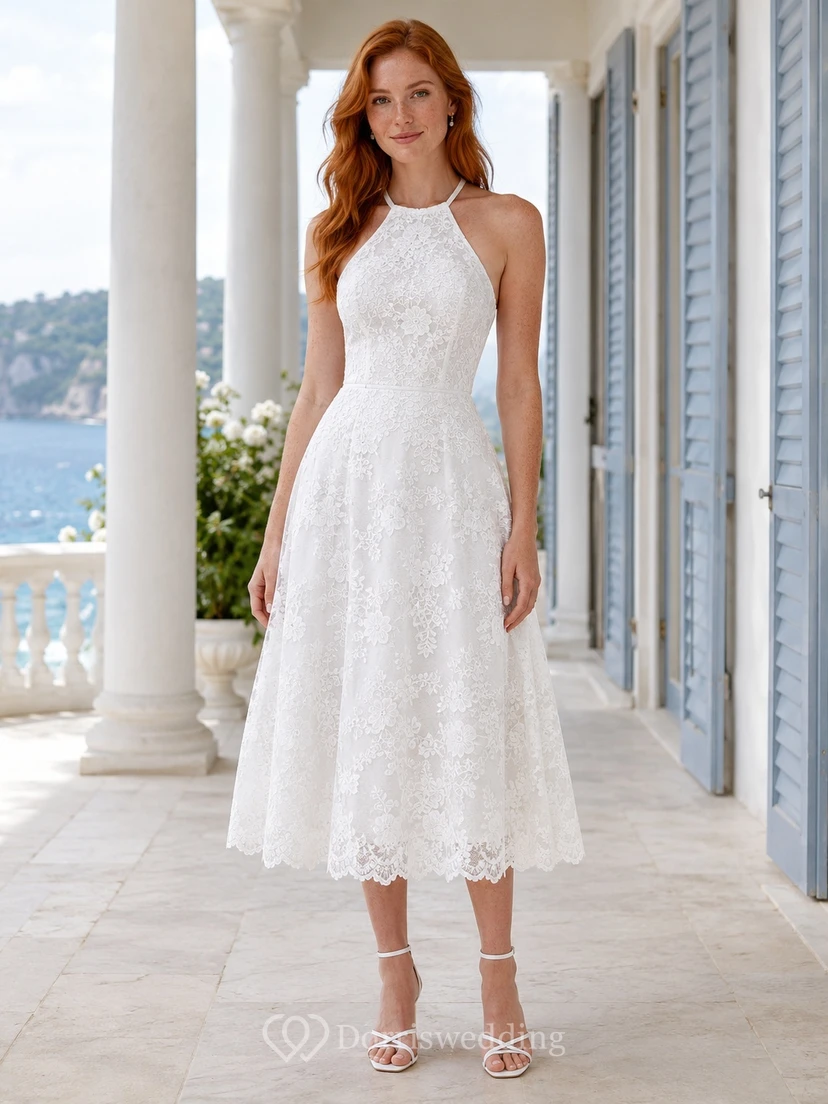 Boho-Hochzeitskleid in Teelänge mit Neckholder, Spitze, A-Linie und offenem Rücken