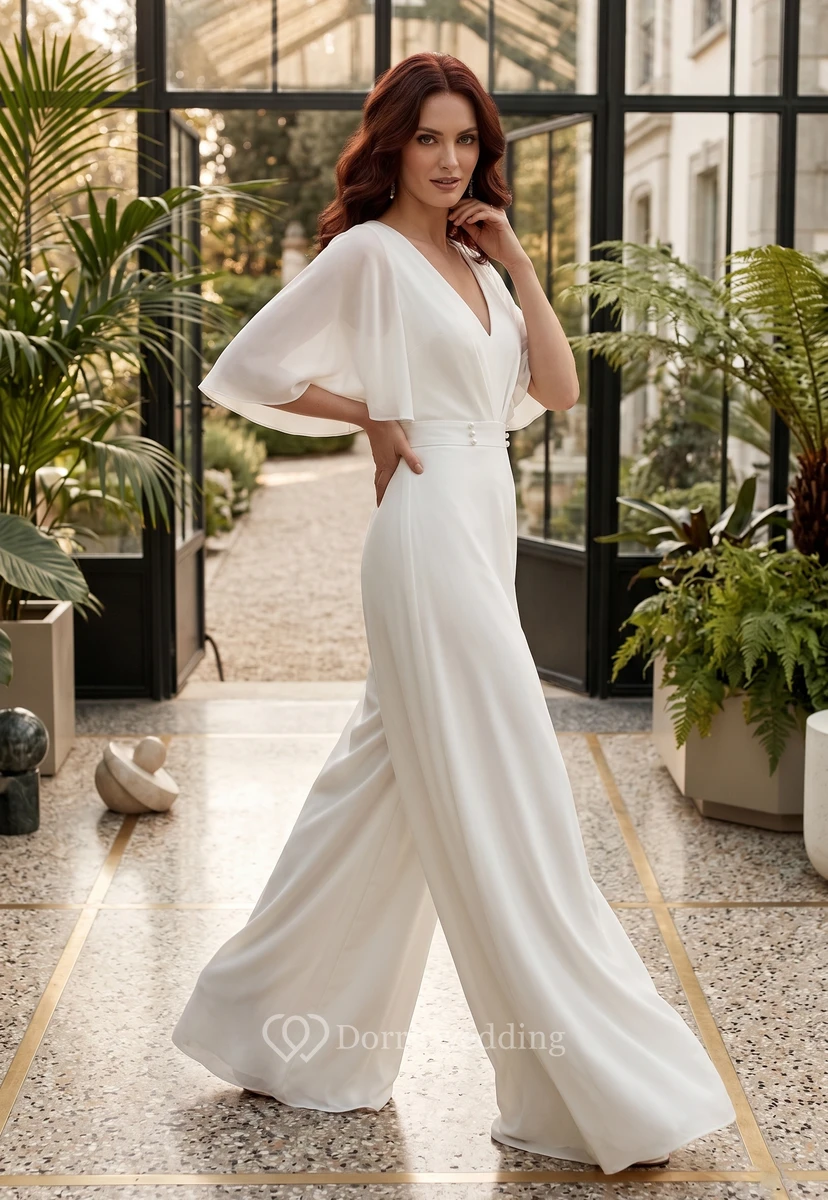 Minimalist White Chiffon Bridal Jumpsuit with V-Neck and Flutter Sleeves view 5