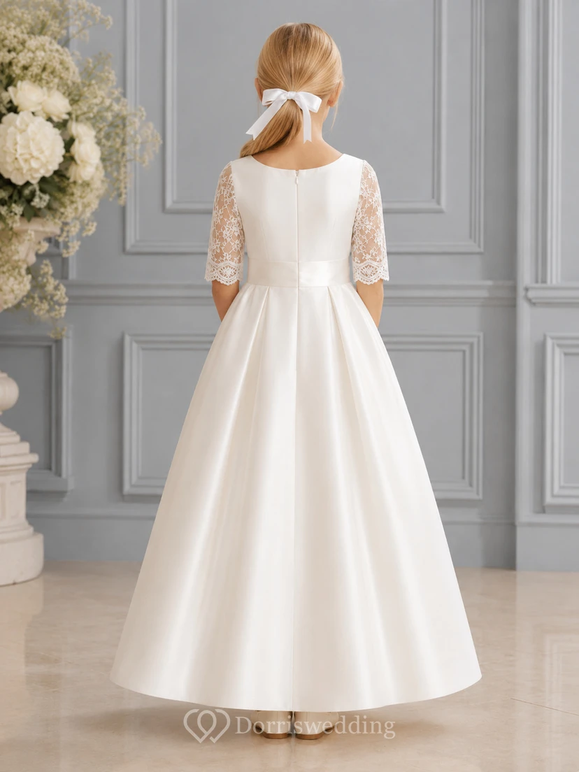 Weißes Kommunionkleid aus Satin mit eckigem Ausschnitt und Dreiviertelärmeln aus Spitze view 2