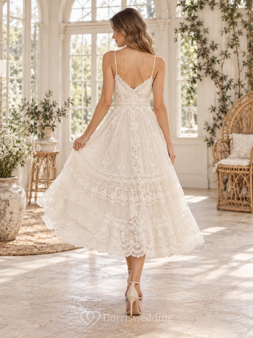 Boho Tea-length Spaghetti Strap V-neck Tiered Lace Wedding Dress view 2