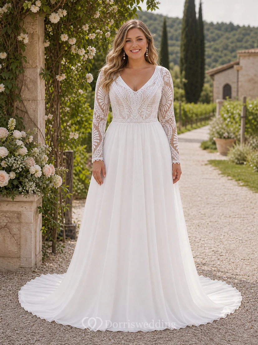Courtry V-neck Long Sleeve Chiffon Simple Boho Wedding Dress with Lace Top view 4