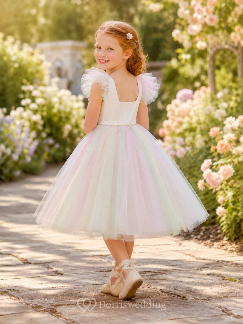 Adorable vestido de niña de flores de tul opalescente con corte en A, mangas de pétalo, cuello cuadrado, largo hasta la rodilla y brillo arcoíris. view 2