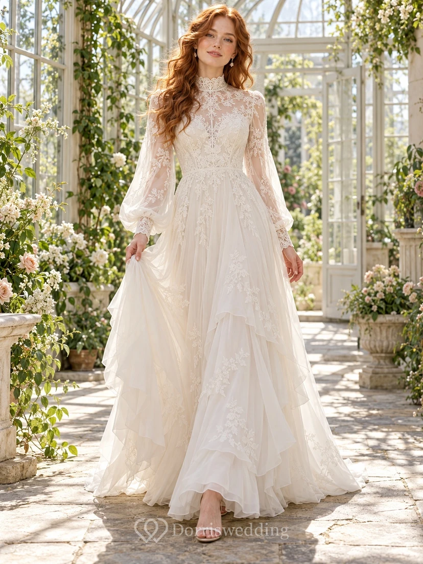Vestido de novia modesto de corte A con cuello alto, manga larga y volantes de tul