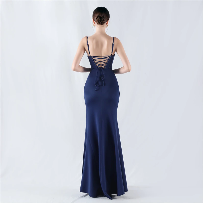 Fishbone Waist Set Crystal Diamond Satin Host Evening Dress view 60
