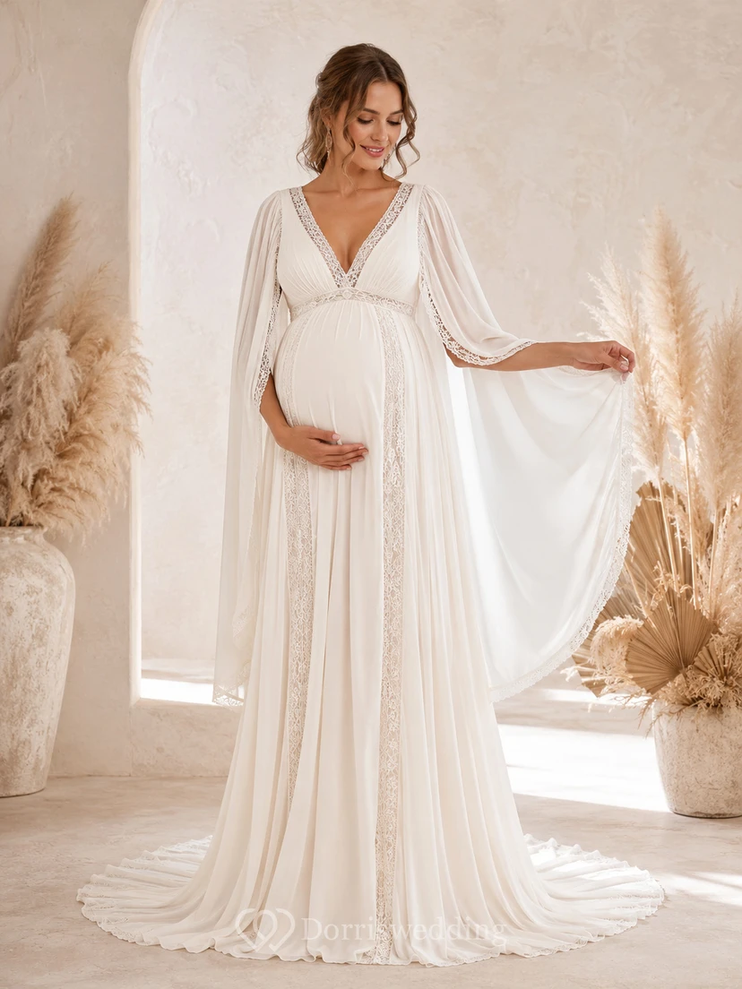 Robe de mariée bohème à col en V et manches longues cape pour femme enceinte