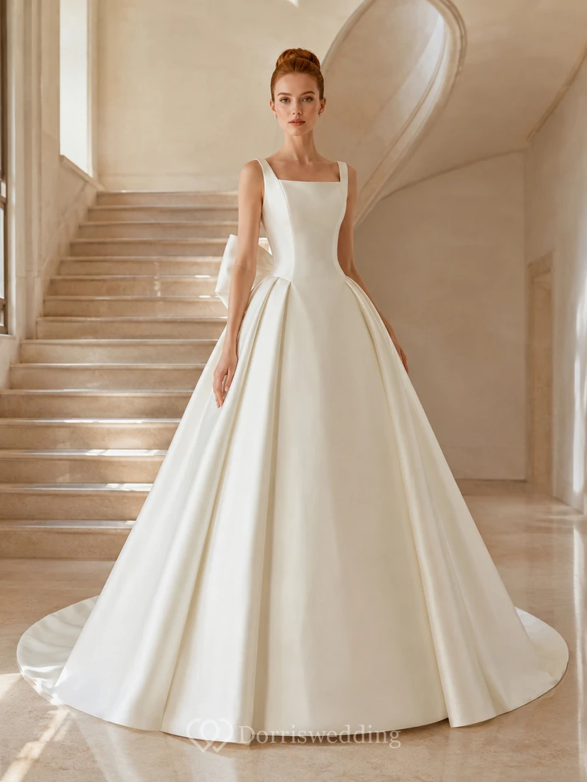 Ballkleid aus Satin mit eckigem Ausschnitt, Schleife und plissierter Kapellenschleppe