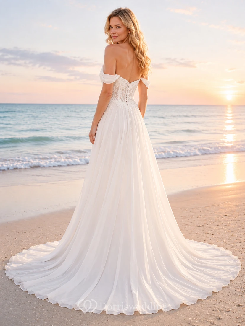 Off-Shoulder Lace Bodice Chiffon Seaside Wedding Bridal Gown view 2