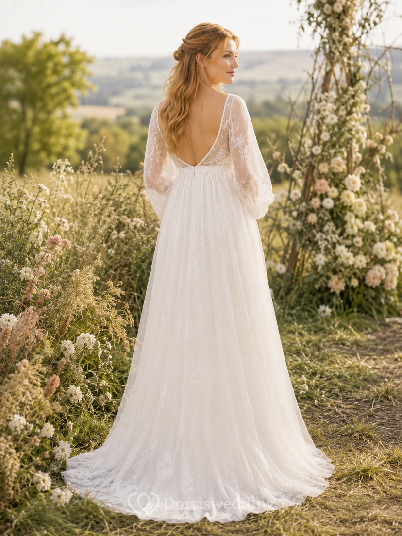 Robe de mariée de maternité bustier cœur manches longues en dentelle robe de mariée champêtre view 2