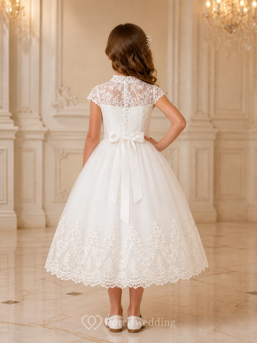 White Tea-length A-Line High Neck Cap Sleeve Tulle Flowergirl Dress view 2