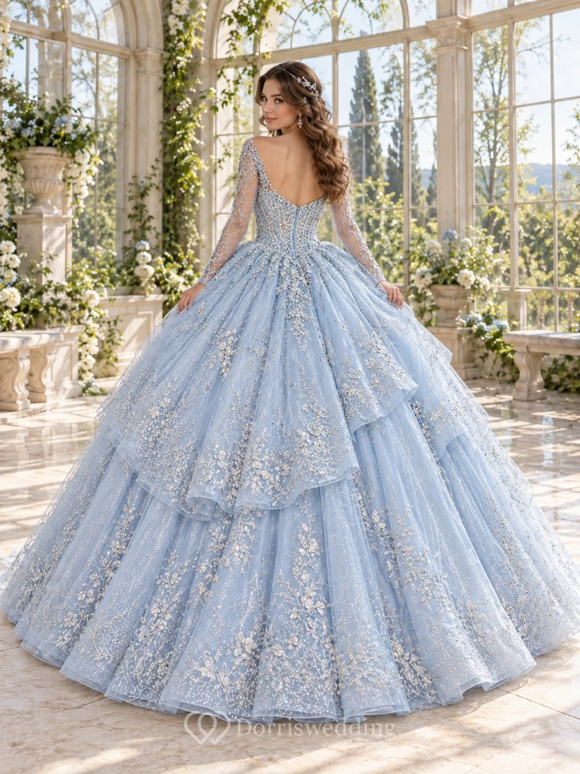 Robe de bal de quinceañera victorienne bleu ciel à manches longues en dentelle et à volants view 2