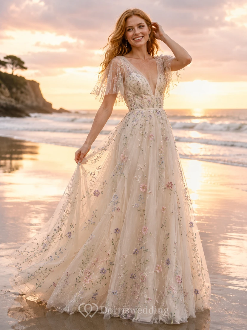 Brautkleid aus Tüll mit flatternden Ärmeln, pastellfarbenem Blumenmuster und Stranddekor