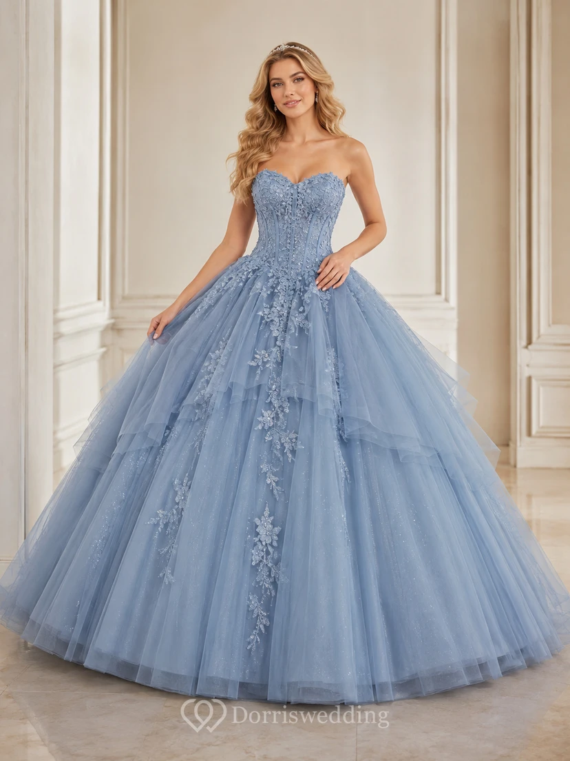 Slate Blue Luxury Strapless Sweetheart Floral Applique Tulle Princess Quinceanera Ball Gown