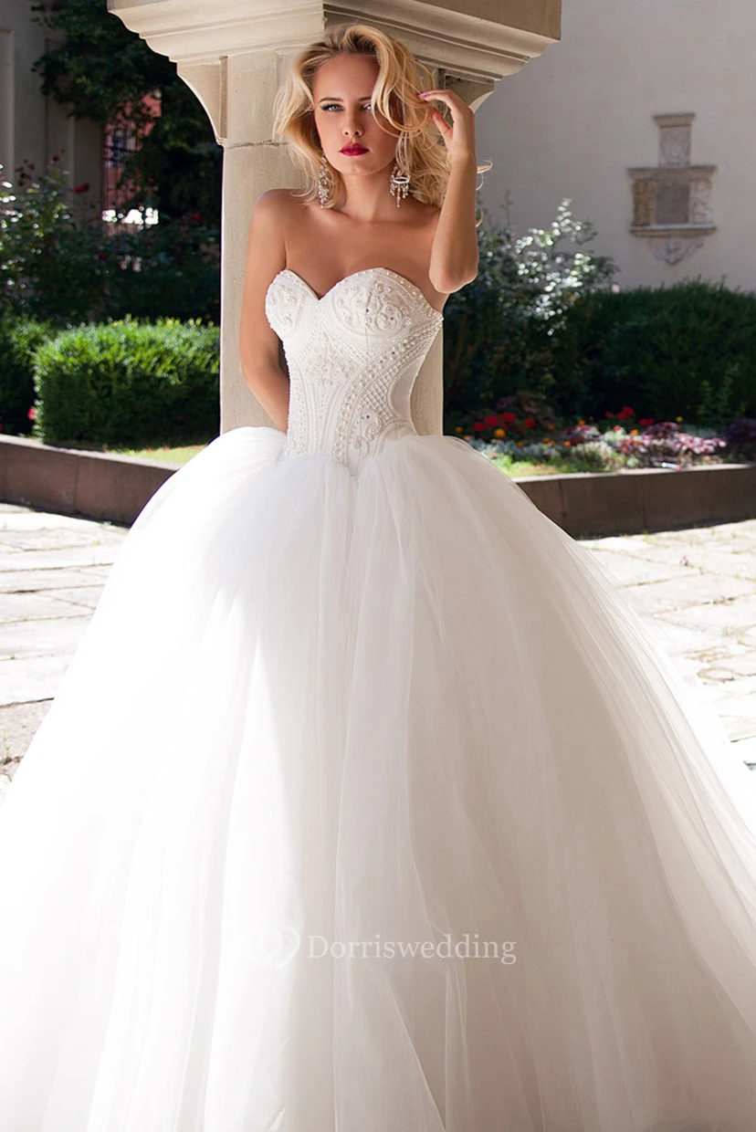 Ballkleid, bodenlang, perlenbesetzt, herzförmig, ärmellos, aus Tüll, Hochzeitskleid view 3