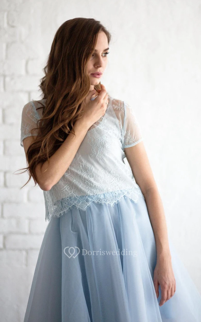 Jewel Neck Short Sleeve A-line Pleated Tulle Knee Length Dress Lace Top view 2