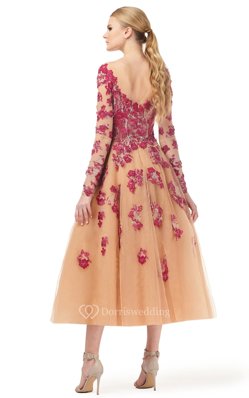 Exquisites A-Linien-Cocktailkleid mit V-Ausschnitt und Teelänge view 2