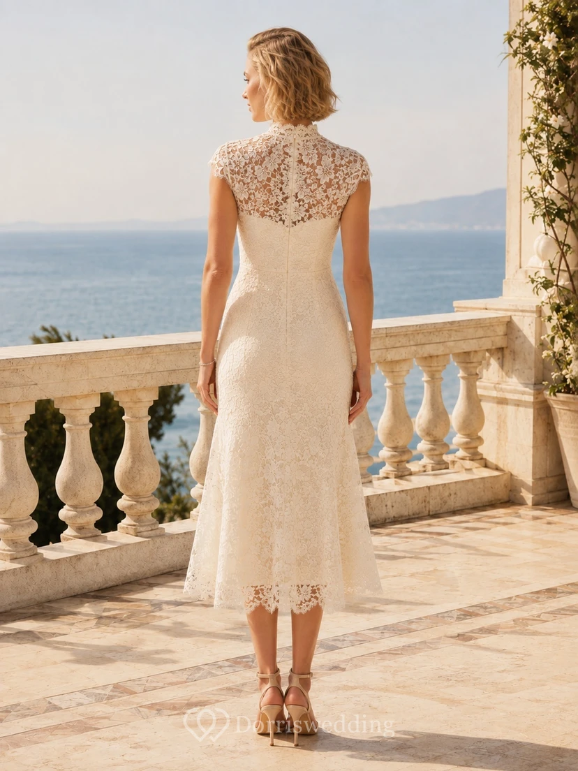 Ivory Floral Lace Jewel Neck Cap Sleeve Tea-length Formal Guest Dress view 2
