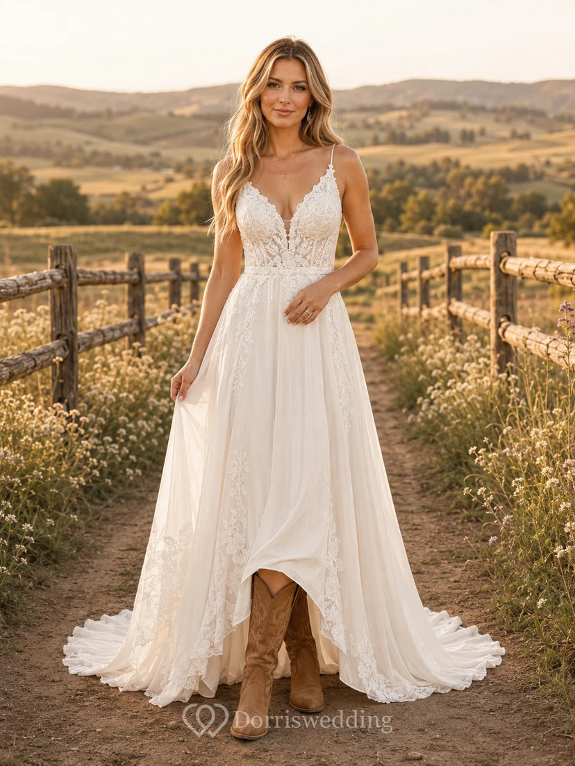 Boho Lace A-Line V-Neck Spaghetti Strap Country Wedding Dress