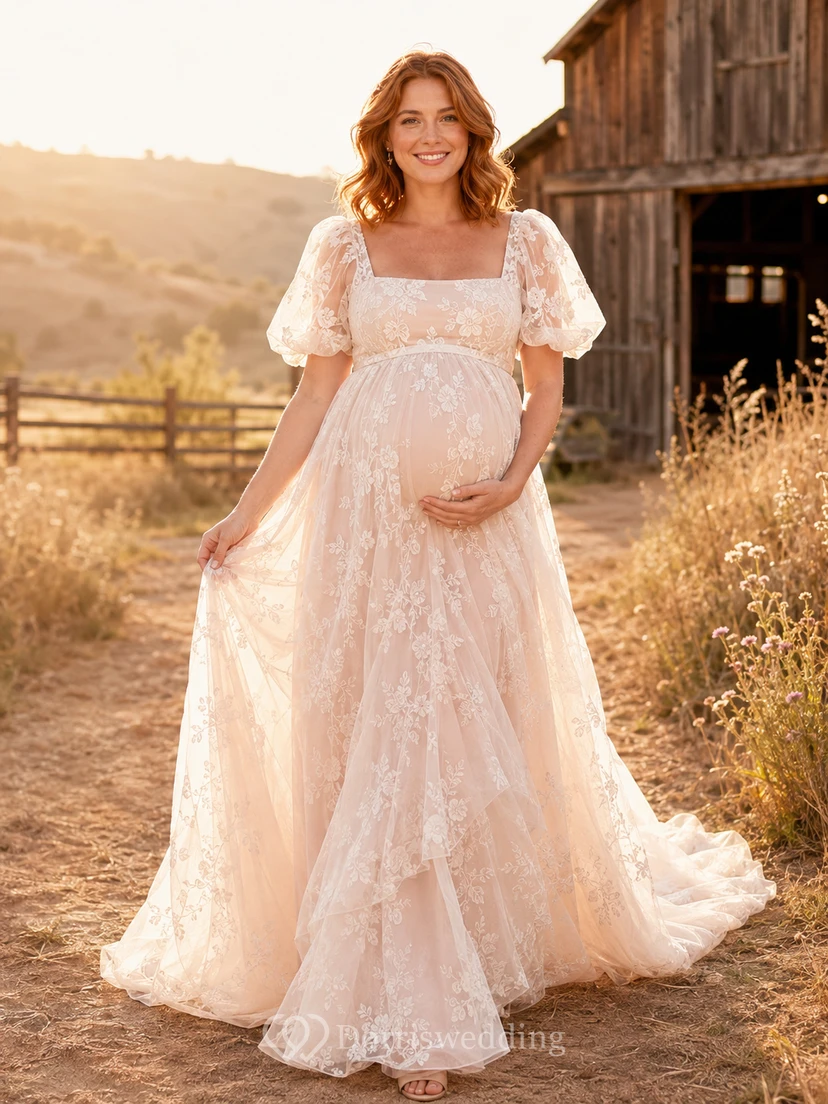 Country Blushing Pink Lace Tulle Wedding Dress A-Line Square Neck Short Sleeve Sweep Train Bridal Gown