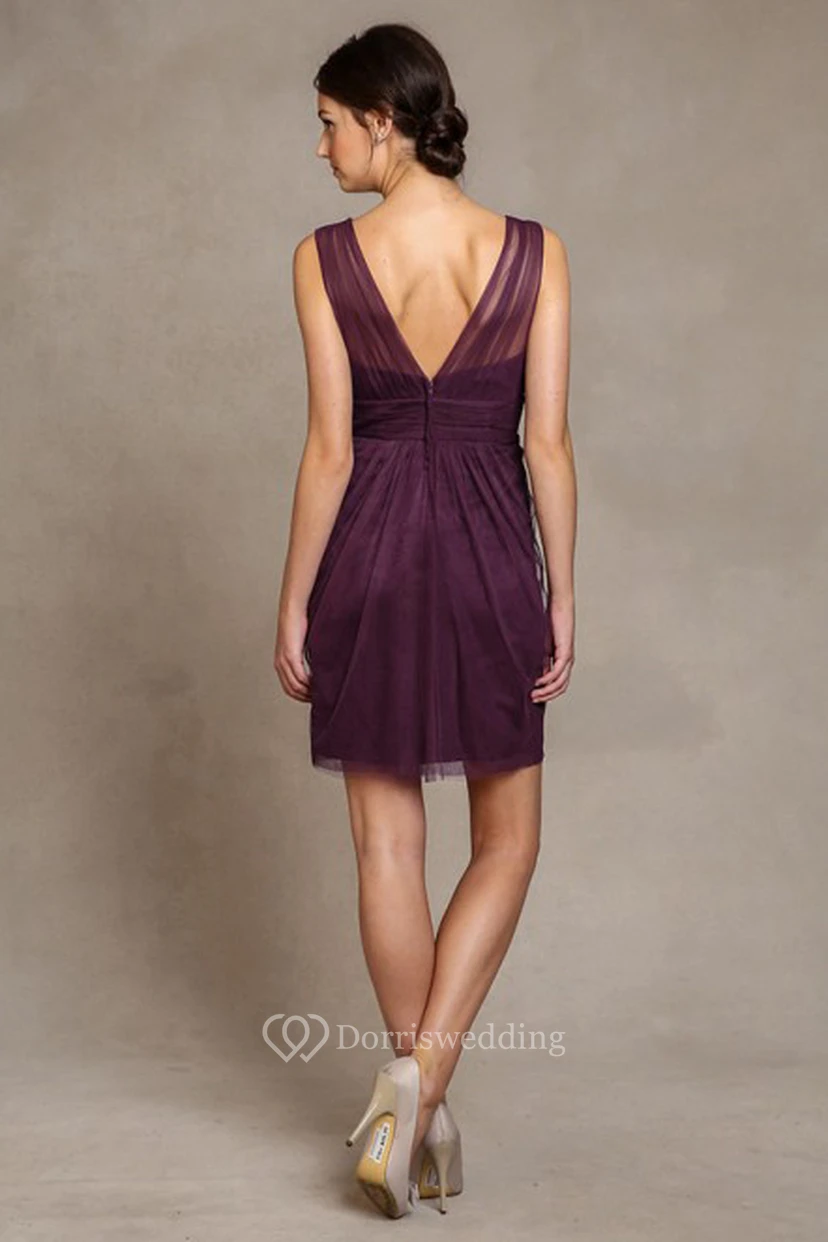Short V-Neck Sleeveless Tulle Bridesmaid Dress With Ruching And V Back view 2