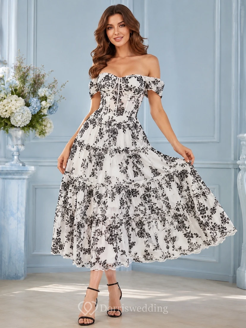 Black White Floral Lace Off Shoulder Short Sleeve Tea Dress