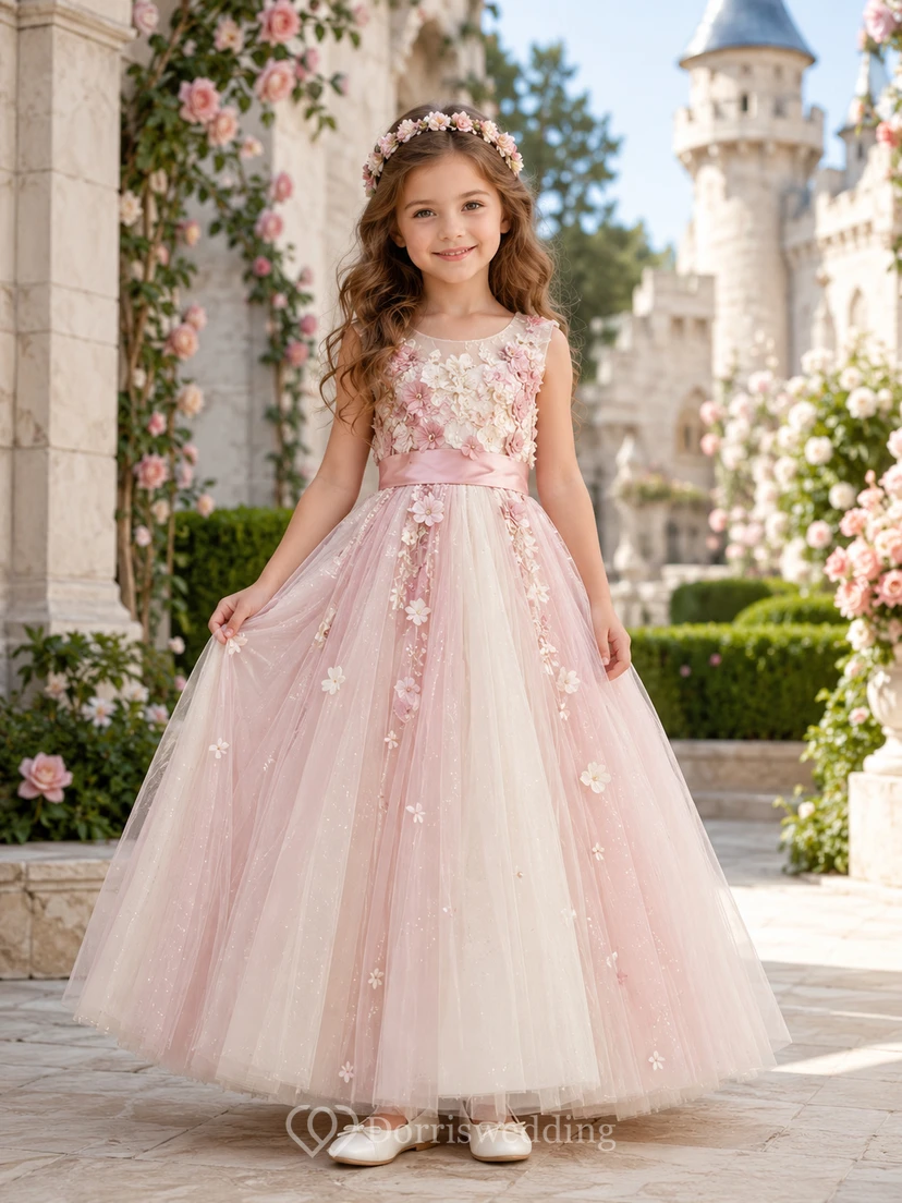 Robe de demoiselle d'honneur longue en tulle rose poudré à col montant et applications florales