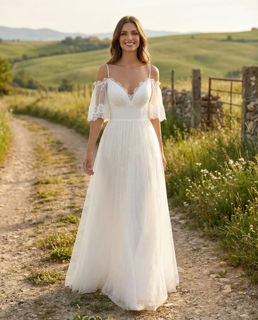 Off-the-Shoulder Lace Empire Wedding Gown