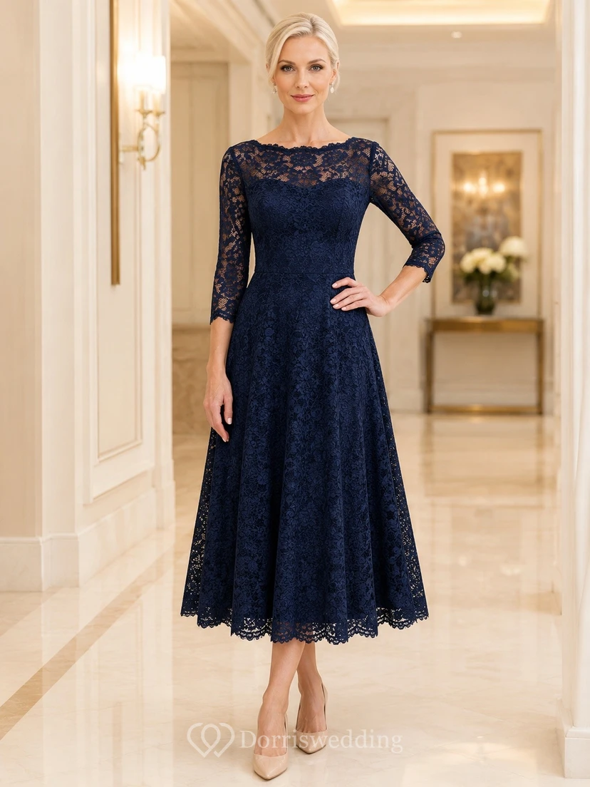 Vintage Dark Navy Jewel Neck Long Sleeve Tea-length Lace A-line Dress