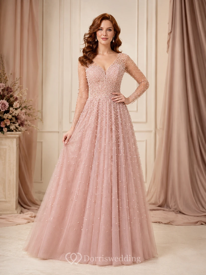 Abendkleid in A-Linie aus rosafarbenem Perlmutt-Tüll mit V-Ausschnitt