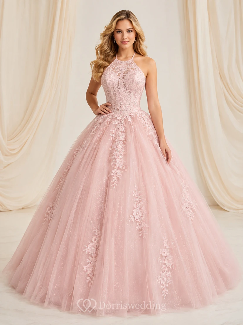 Robe de bal de princesse rose poudré de luxe, dos nu, col montant, lacets floraux, pour les 16 ans.