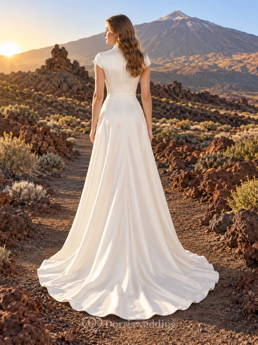 Vestido de novia sencillo de satén con cuello alto, corte en A, mangas cortas y cola. view 2